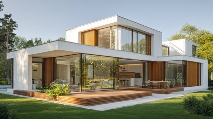 Modern house exterior with large windows and deck
