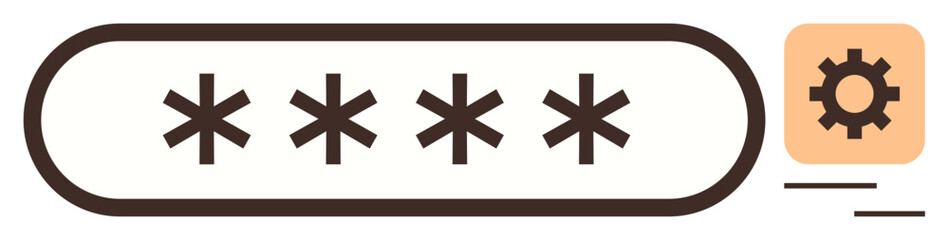 Password input field with hidden characters represented by asterisks and a gear icon symbolizing settings. Ideal for security, privacy, customization, login, authentication, interface, or technology