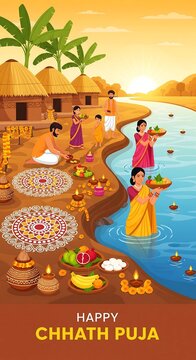 Devotees offer prayers and perform rituals during the auspicious chhath puja festival by the riverbank