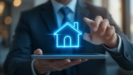 A businessman holds a tablet with a blue neon lighted house icon in his hand, a real estate concept. 4k videos - Powered by Adobe