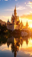 Majestic castle reflected in calm water at sunset © Darni