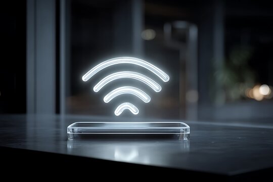 Glowing WiFi signal over sleek smartphone signifies seamless connectivity and modern technology for business and personal use - Powered by Adobe