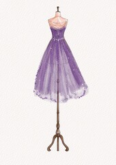 Watercolor fashion illustration. Purple dress elegantly on a vintage mannequin.  fitted bodice. Voluminous skirt. Haute couture elegance. Princess dress. Fairy tale. Feminine silhouette. Fairy
