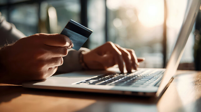 A person makes an online payment, holding a credit card while typing on a laptop.