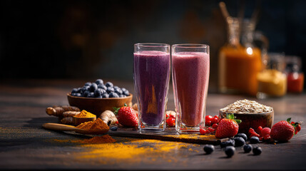 Two colorful smoothies sit on a wooden table alongside fresh fruits, oats, and spices