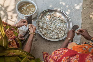 Hands cleaning tiny fish with a sharp knife, showcasing traditional fish preparation methods in rural communities.
