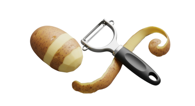 Raw Russet potato, partially peeled, with a modern stainless steel peeler and curled peel on a seamless transparent background with no shadows, commercial food preparation concept