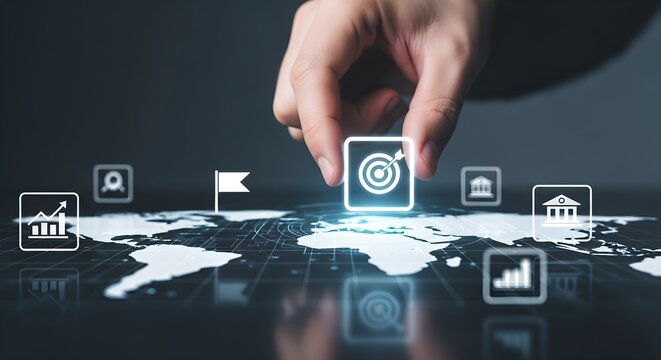 A hand placing a target icon on a digital world map overlaid with business icons, signifying strategic planning and global reach.