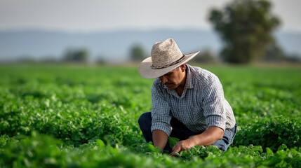 Farmer Inspecting Crops in Greenfield Field with Wide Landscape View and Clear Sky