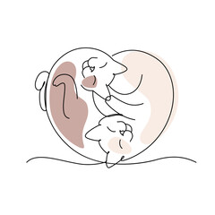 Cute heart-shaped cats on a white background. Line art. Vector illustration.