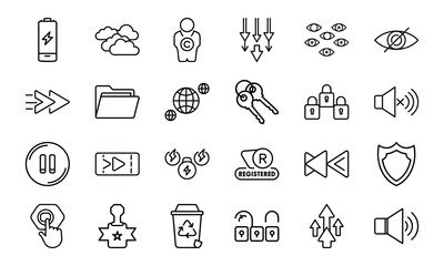 Fototapeta premium Minimalist Black Line Icon Bundle – Cloud, Battery, Lock, Key, Folder, Copyright, Security, Eye, Mute, Pause, Play, Fast Forward, Tech and Media Interface Symbols Set on White Background