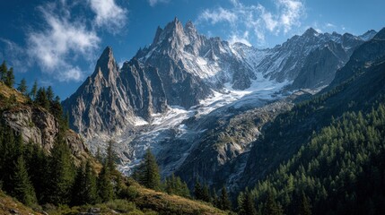 Fototapeta premium Majestic alpine mountain landscape features snow beneath a clear blue sky, concept of serene natural beauty.