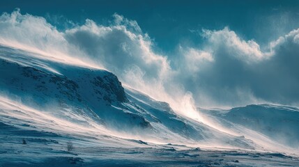 Snowy mountain range, strong wind, dramatic clouds