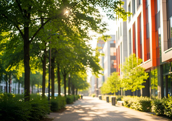 Sunny urban street lined with green trees and modern buildings, peaceful pedestrian walkway in the city

