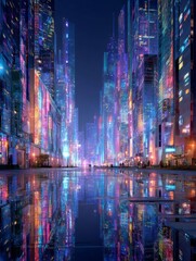 Futuristic cityscape reflecting in water at night with neon lights