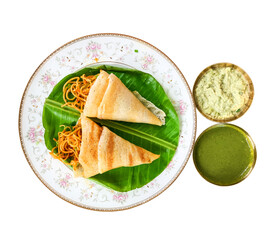 schezwan masala dosa with coconut chutney and pudhinaa chutney