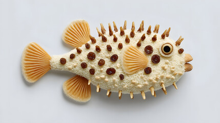 Obraz premium Pufferfish illustration using raisins, pasta and cashews, food art for kids