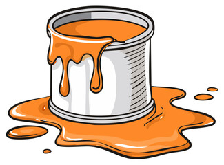 Can of orange paint spilling and dripping onto a surface with splashes