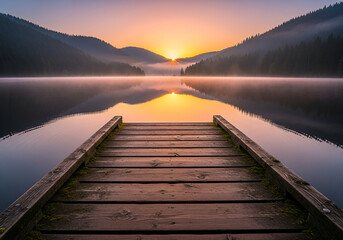 Obraz premium Wooden pier extending into a calm lake at sunrise with mist over the water and mountains in the background, serene landscape photography