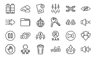 Minimalist Black Line Icon Bundle – Cloud, Battery, Lock, Key, Folder, Copyright, Security, Eye, Mute, Pause, Play, Fast Forward, Tech and Media Interface Symbols Set on White Background
