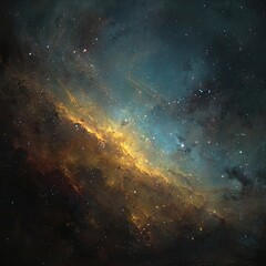 Deep space nebula, swirling hues of gold, teal, and dark