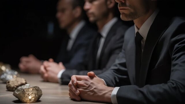 Faceless diplomats and business executives in formal suits sitting at a negotiation trade deal table with rare earth mineral samples displayed, muted dramatic lighting