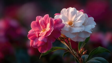 Obraz premium Two vibrant flowers, pink and white, in soft focus