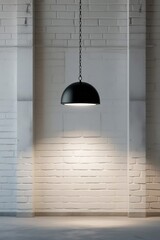 Minimalist Interior with Hanging Black Pendant Lamp on White Brick Wall