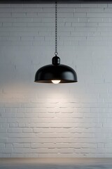 Minimalist Interior with Hanging Black Pendant Lamp on White Brick Wall