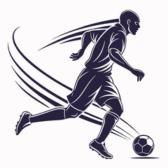 Illustrative image of a soccer player in motion, kicking a ball. The image is a vector graphic in dark blue, likely intended for a sports category.

