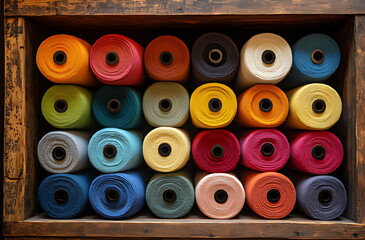 Fototapeta premium Colorful spools of vibrant thread on a wooden shelf, isolated white background