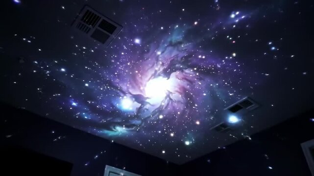 Simulated night sky projection on ceiling starry pattern in purple blue pink colors for indoor spaces