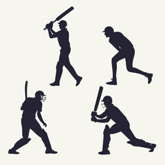 Four silhouettes of a cricket player are arranged in a square. The players are in various poses, including batting and preparing to hit the ball.


