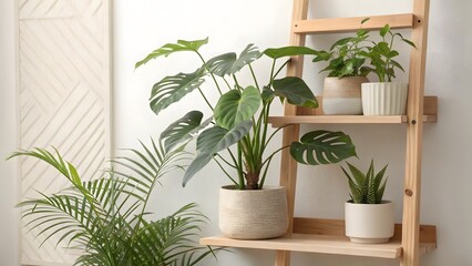 Indoor plants displayed on a wooden ladder shelf