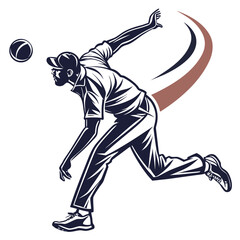 Obraz premium Illustration of a cricket bowler in motion, poised to release the ball. A curved line traces the ball's path.