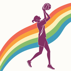 A digital illustration depicts a netball player in silhouette, mid-throw, superimposed over a rainbow. The image is a vector graphic with solid colors and a clean design, likely intended for use in a 