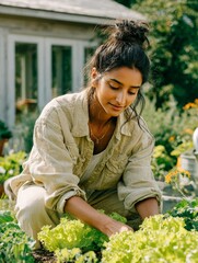 Obraz premium Happy young woman harvesting fresh lettuce in her garden