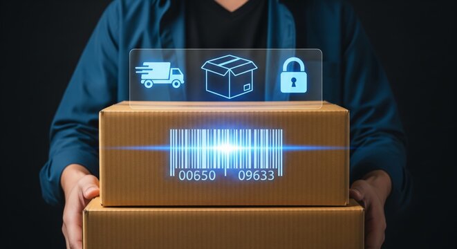 Courier Holding Parcel Boxes with Large Blue Holographic Delivery Icons and Barcode – Logistics Concept