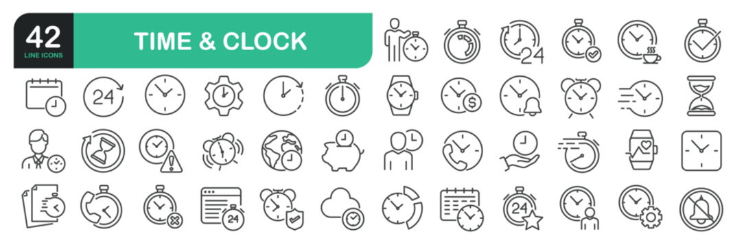 Set Of Time and Clock Line Icons. Contains such icons as 24 Hours, Alarm, Calendar, Countdown, Stopwatch, Management, Deadline, Efficiency, Hourglass. stock illustration