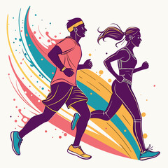 Illustration of two people running, silhouetted against abstract colored stripes. A man and woman are jogging, wearing athletic clothes and shoes.

