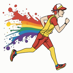 An illustration depicts a person running, with a rainbow-colored splash trailing behind. The runner sports a yellow and red athletic outfit with matching cap and shoes.

