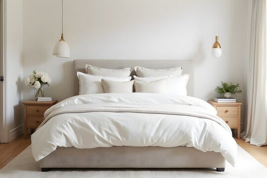 Large comfortable bed in light room. Stylish interior. White bedroom. Front view.