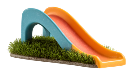 A colorful plastic slide from a child's playset, on a small patch of grass, isolated on a Transparent background