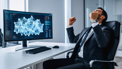 A person in business attire (a suit) sitting at a desk with a computer monitor displaying what looks like a data visualization or network diagram with blue geometric patterns.