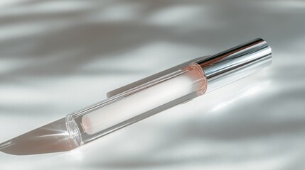 Fototapeta premium A sleek, modern clear lip gloss tube with a metallic cap, elegantly positioned in soft natural light.