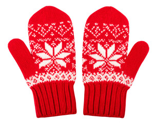 Knitted Red and White Winter Mittens with Nordic Pattern, Paired Flat Lay, Isolated