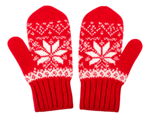 Knitted Red and White Winter Mittens with Nordic Pattern, Paired Flat Lay, Isolated