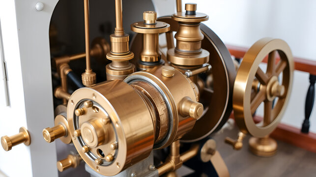 A classic marine steam engine, with intricate brass detailing and wooden construction elements. A compelling piece of maritime history.