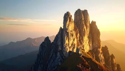 Majestic peak bathed in golden sunset light, overlooking a vast mountain range