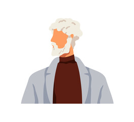 Senior old aged man profile. Elderly male face with beard, side view, modern style. Elder character with gray hair, looking aside, head turned. Flat vector illustration isolated on white background